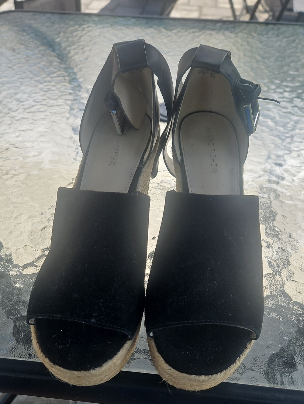 Marc Fisher Black Suede Espadrille Wedge Sandals w/ Ankle Strap. Vg Condition